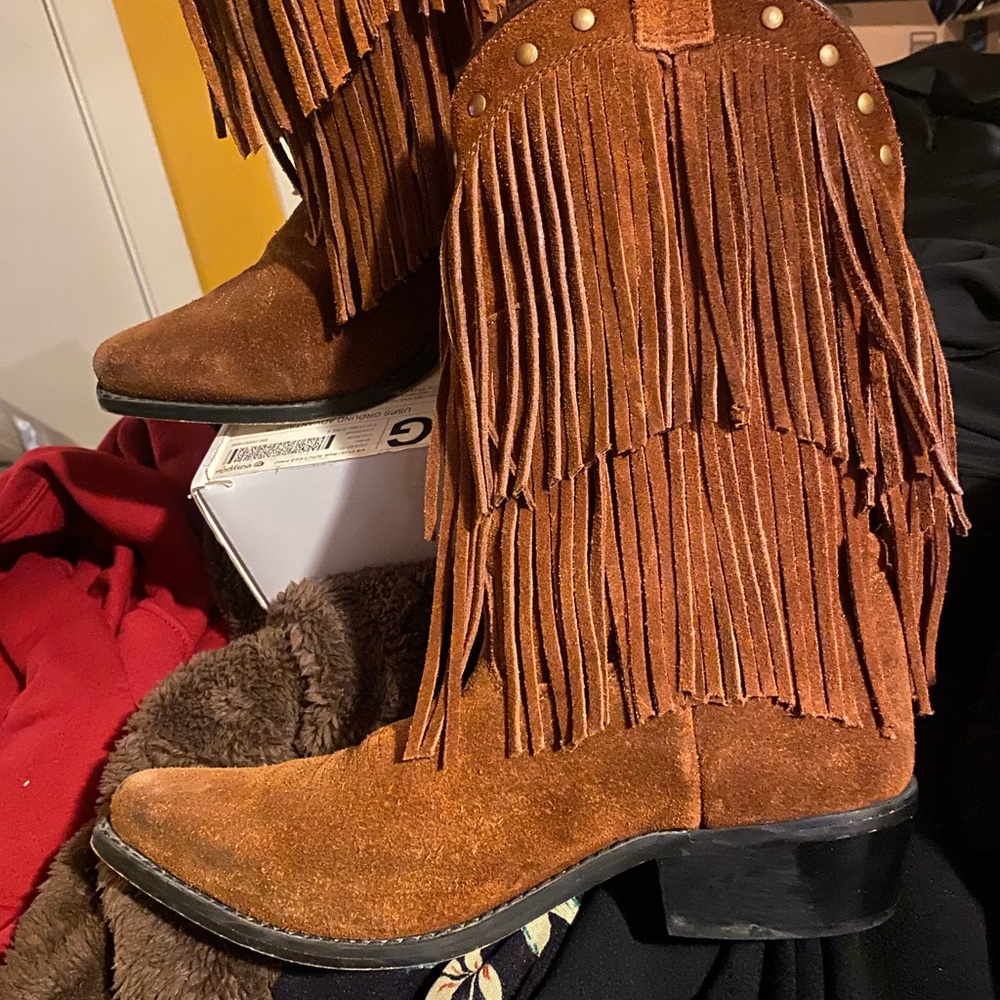 Fringe Suede Western Boots - Brown
